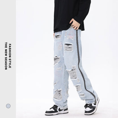 American Street Retro Tattered Jeans Washed Jeans