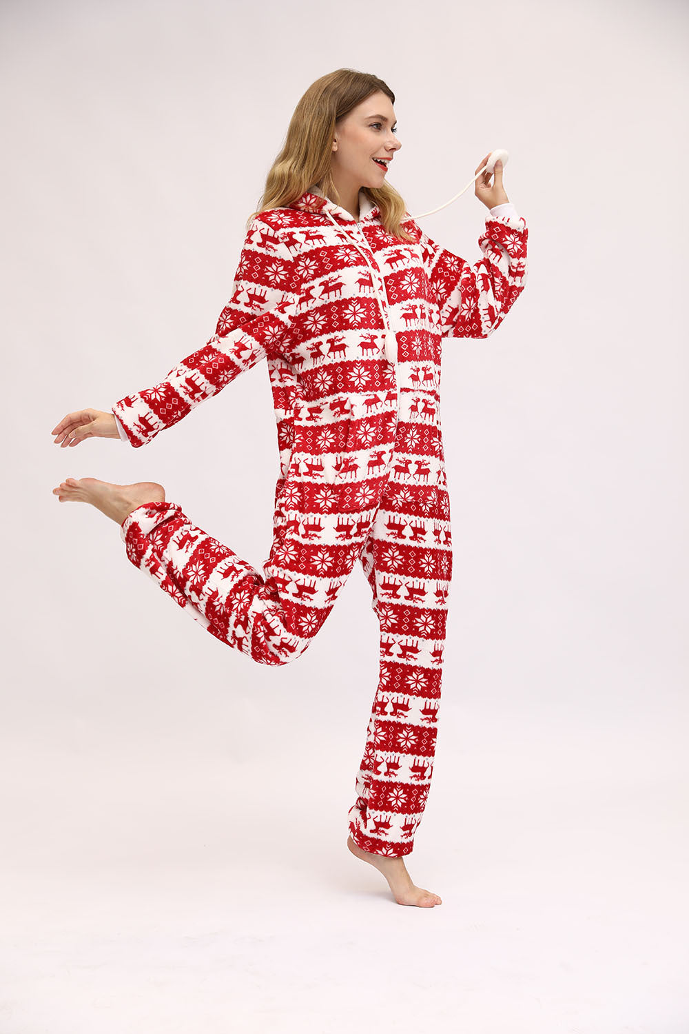 European And American Ladies Christmas Day Fawn Snowflake Flannel One-Piece Pajamas Home Wear