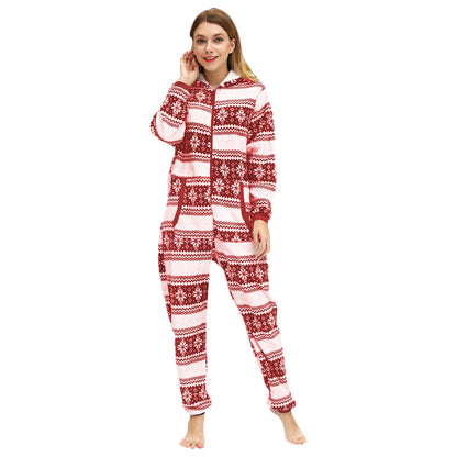 European And American Ladies Christmas Day Fawn Snowflake Flannel One-Piece Pajamas Home Wear