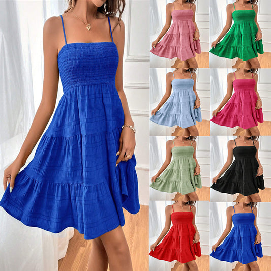 Summer Square-collar Suspender Pleated Dress Fashion Solid Color Beach Dresses For Womens Clothing