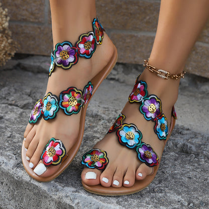 Ethnic Style Flowers Flat Sandals Summer Vacation Casual Clip Toe Beach Shoes For Women