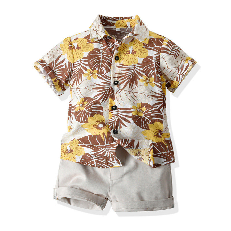 Summer Short Sleeve Printed Shirt Boys' Shorts Casual Two-piece Suit