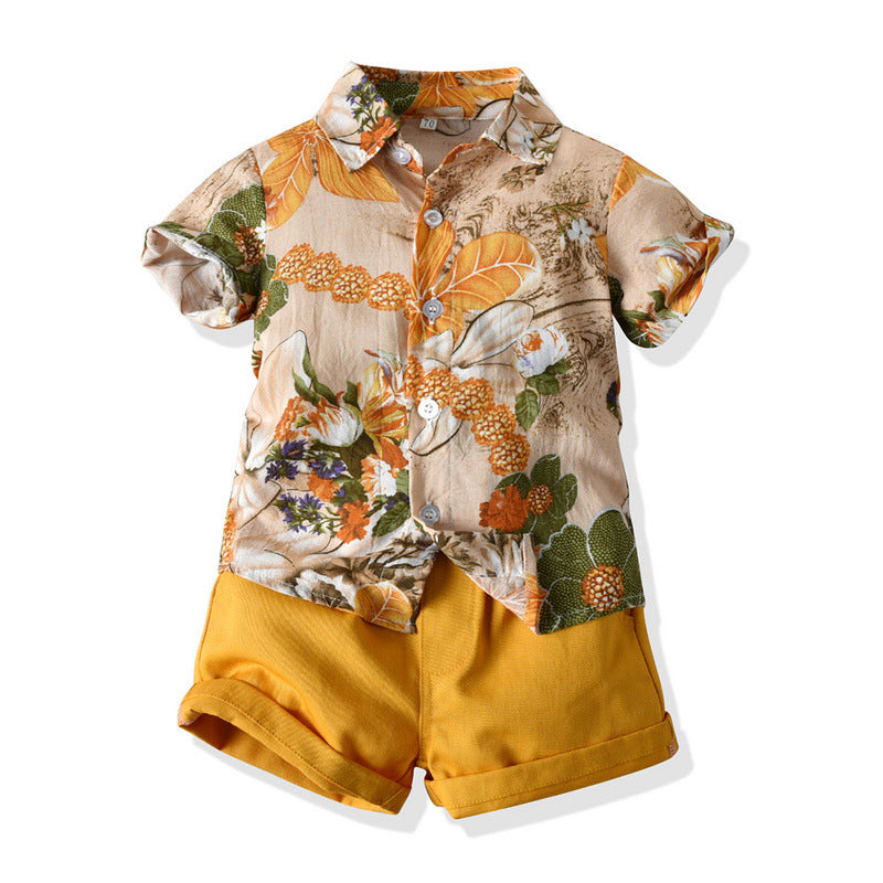 Summer Short Sleeve Printed Shirt Boys' Shorts Casual Two-piece Suit