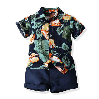 Summer Short Sleeve Printed Shirt Boys' Shorts Casual Two-piece Suit