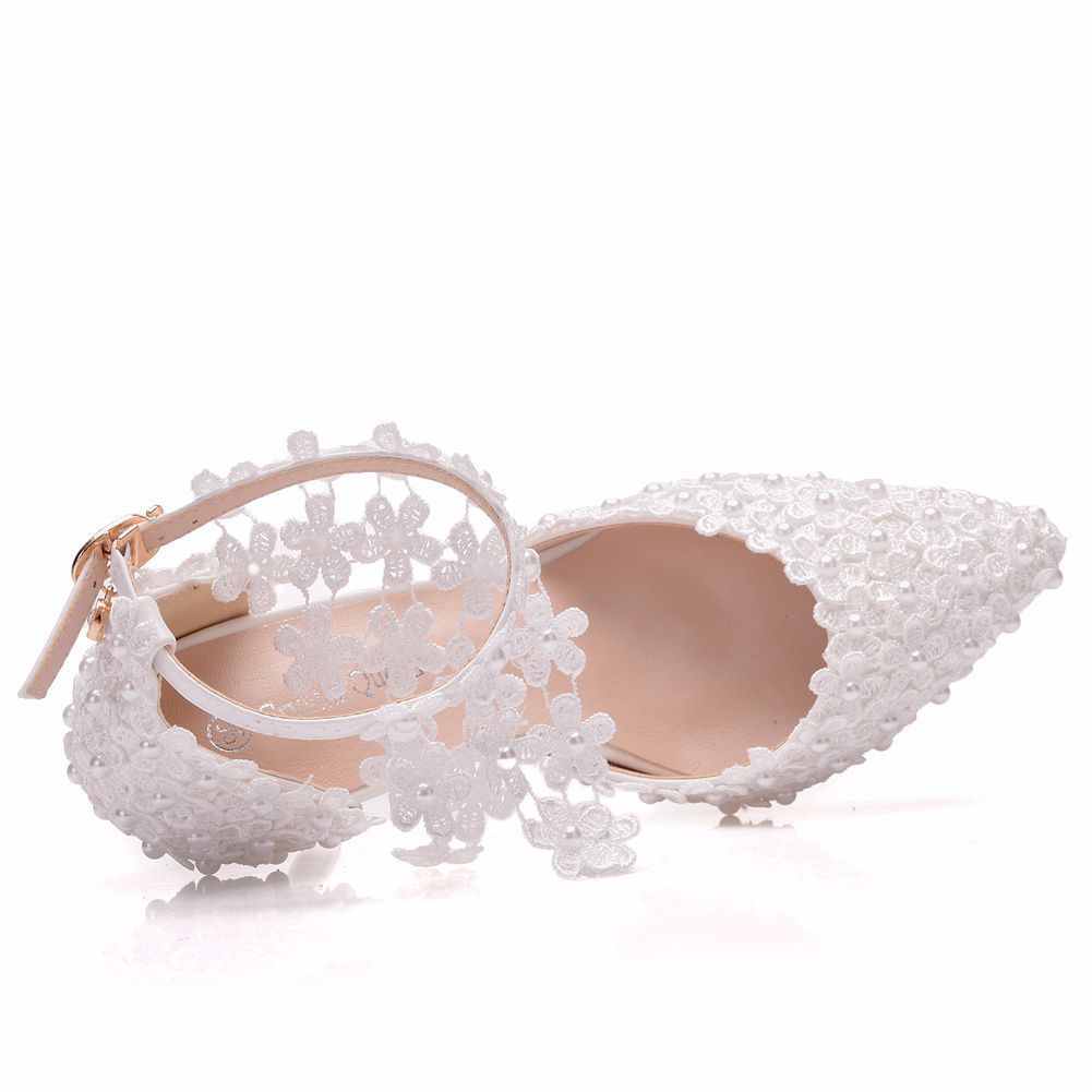 White Lace Flower Tassel Wedding Shoes