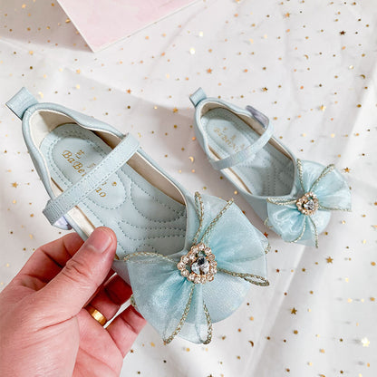 Spring New Girls' Single Shoes Cute Bow Rhinestone Soft Sole Flat Shoes