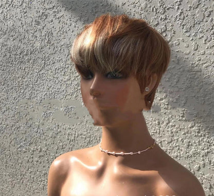 Short Hair Wigs, Brown Highlights, Golden Hair