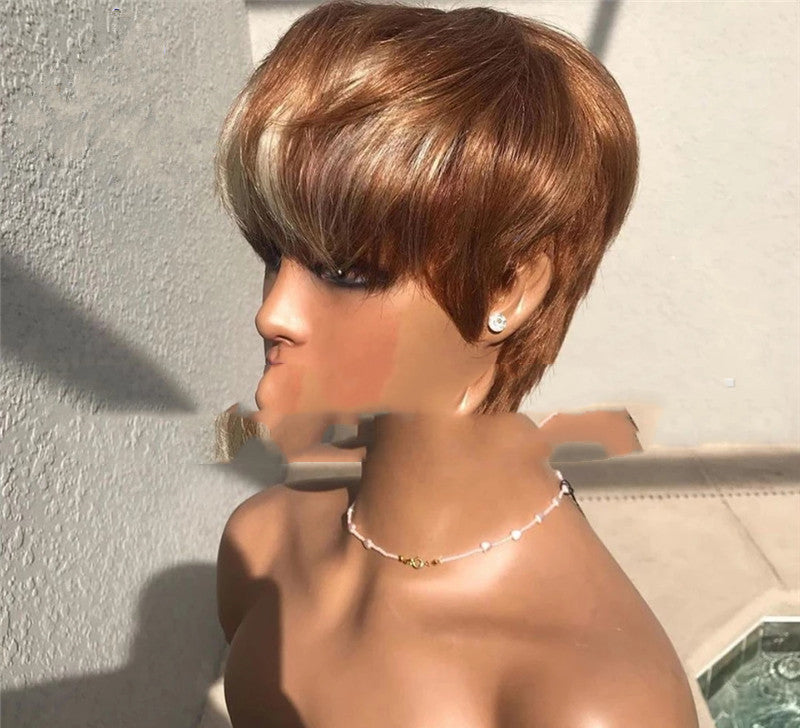 Short Hair Wigs, Brown Highlights, Golden Hair