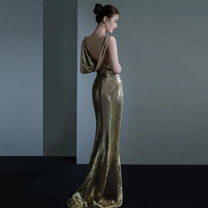 Fishtail Evening Dress For Women Elegant Sequins Annual Meeting Sexy Backless