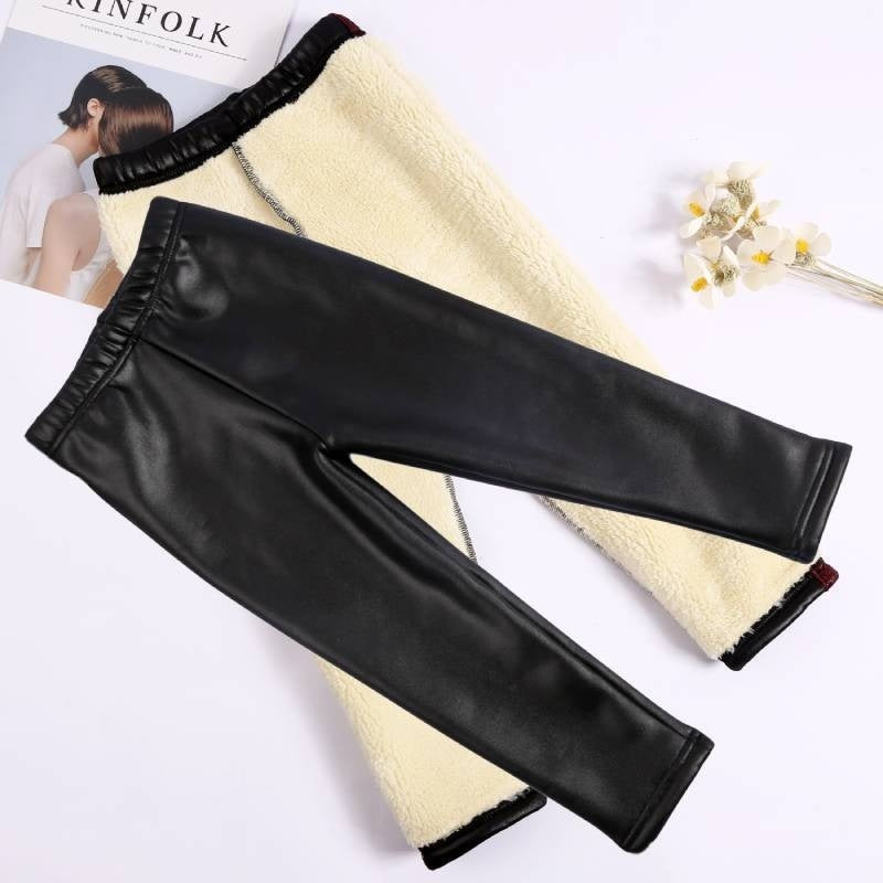 Girls Fleece Leather Pants Outer Wear Children's Velvet Padded Leggings