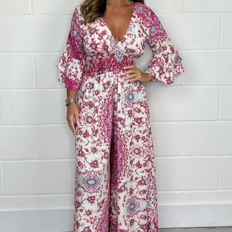 V-neck Printed Jumpsuit Plus Size Casual Jumpsuit