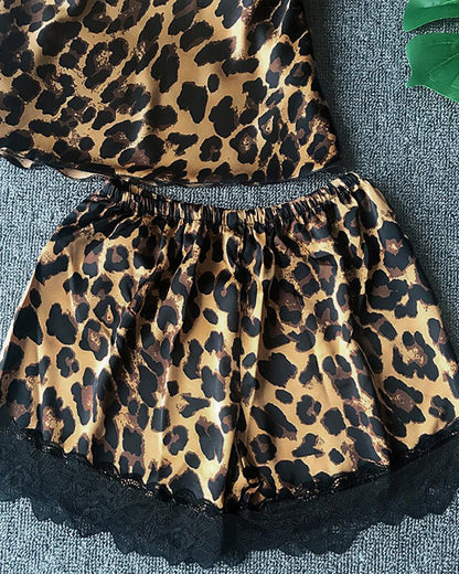 Women's Silk Lace Leopard Print Suspender Shorts Suit