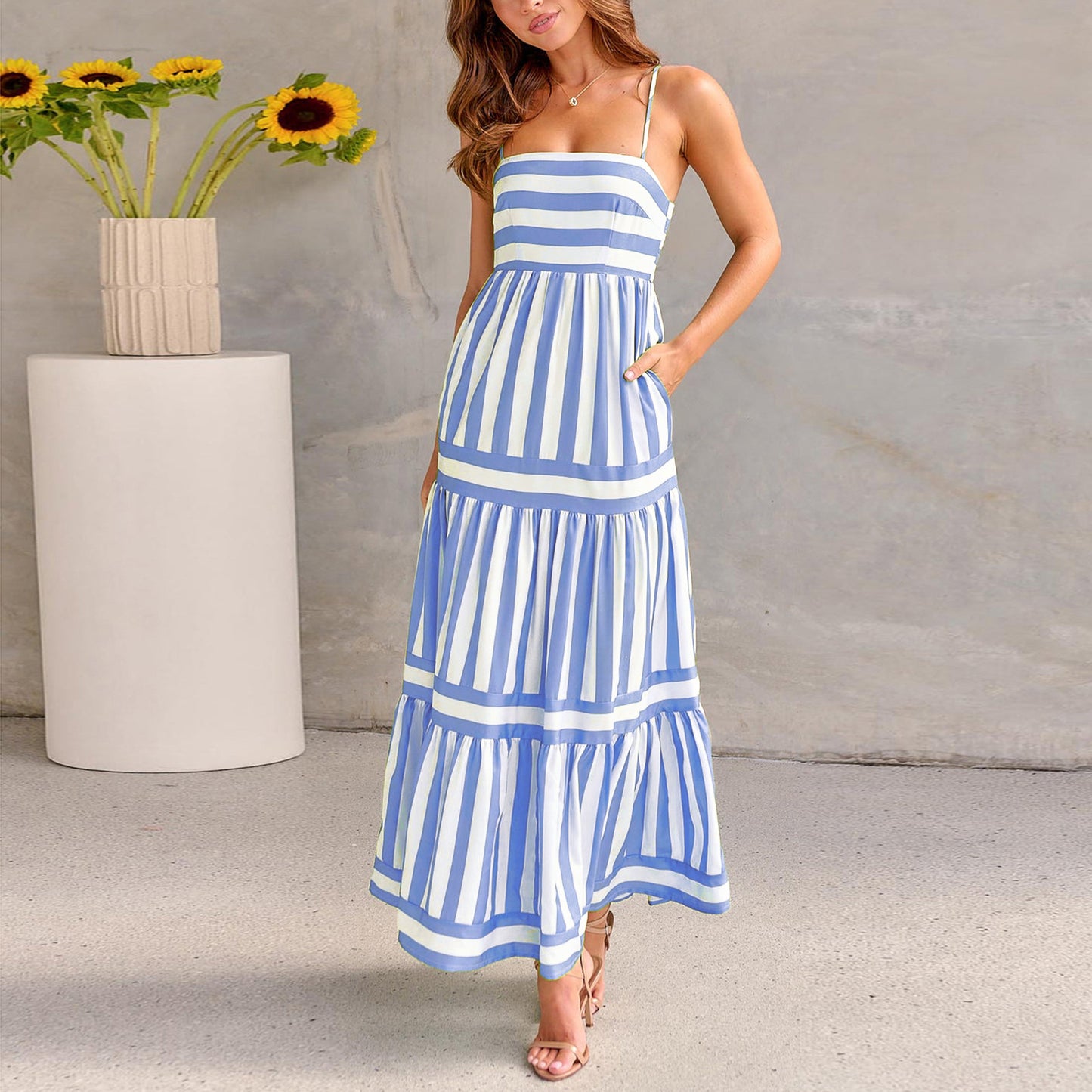 Summer Striped Printed Suspender Long Dress With Pockets Fashion Square Neck Backless Dresses For Beach Vacation Women Clothing