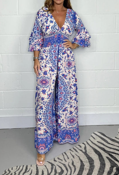 V-neck Printed Jumpsuit Plus Size Casual Jumpsuit