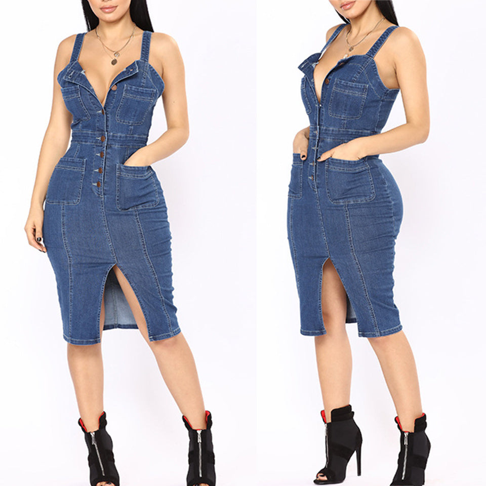 Denim dress with sling tights and hip wash