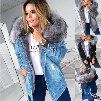 Large Fur Collar Denim Jacket Warm Mid-Length Coat