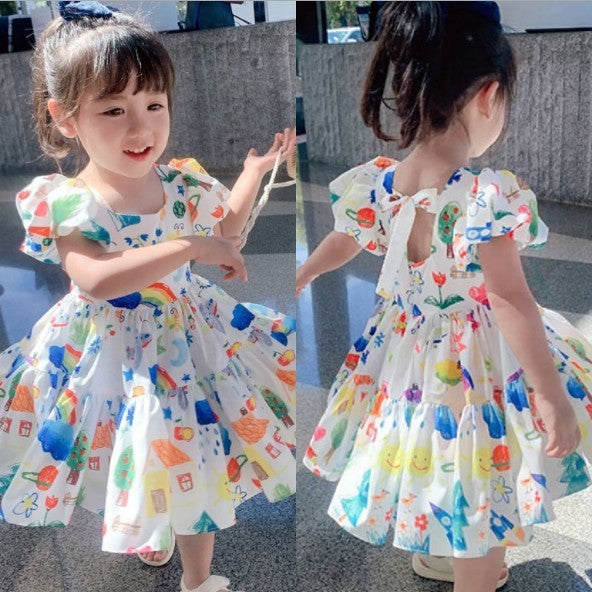 Girls Korean Western Style Skirt Color Puff Sleeve Dress