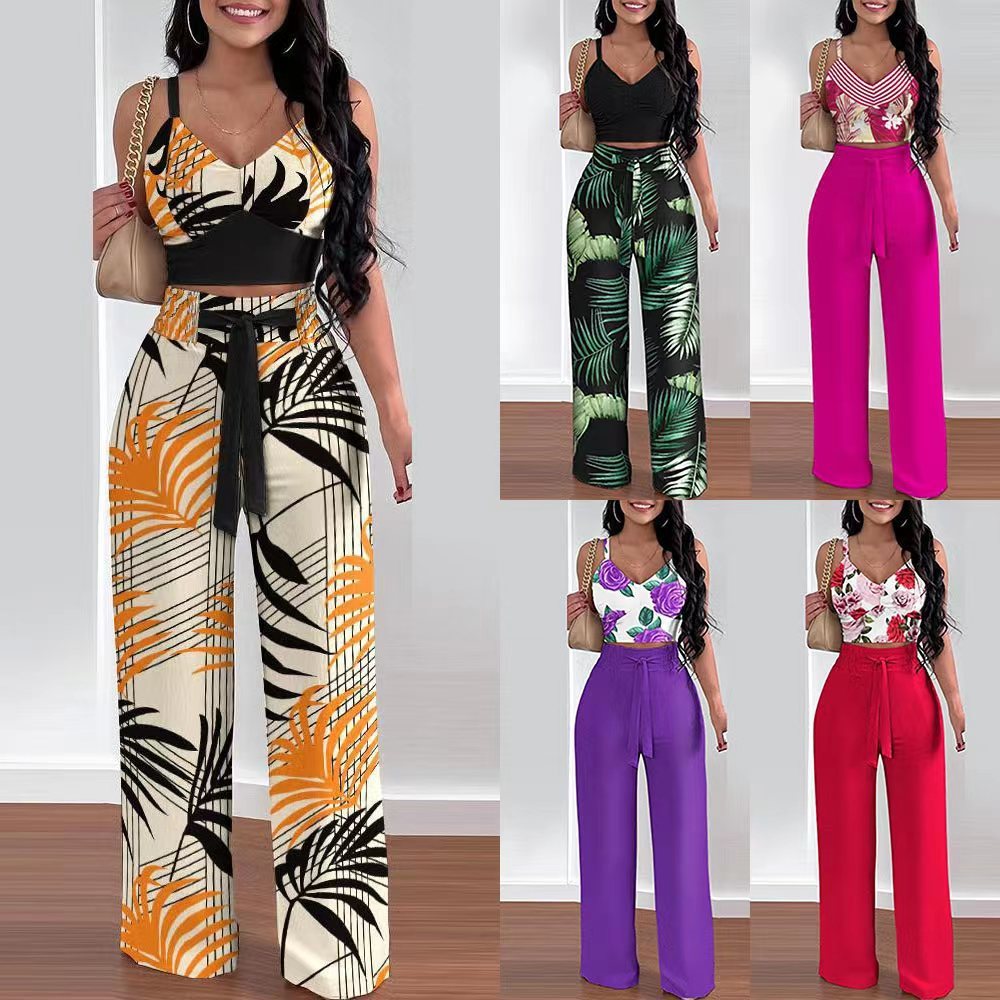 Fashion Print Top Suspenders Trousers Set