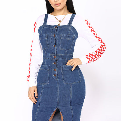 Denim dress with sling tights and hip wash