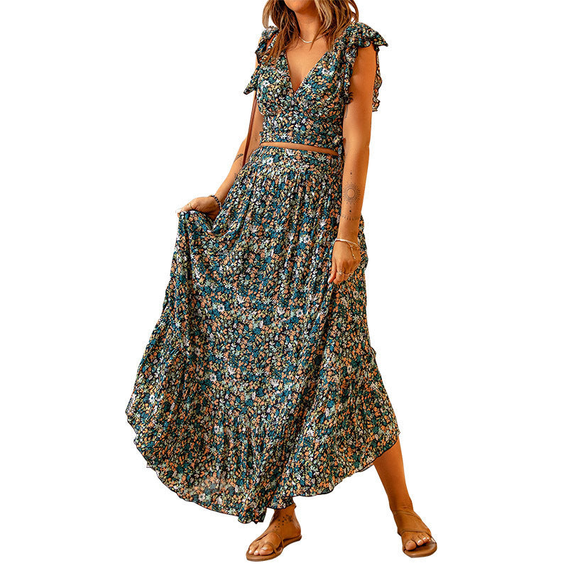 Floral Women's Waist And Slim V-neck Short-sleeved Irregular Dress