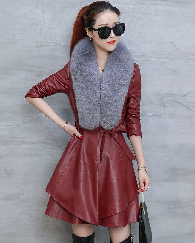 6-color Leather Imitation Fox Fur Collar Women's Mid-length Coat