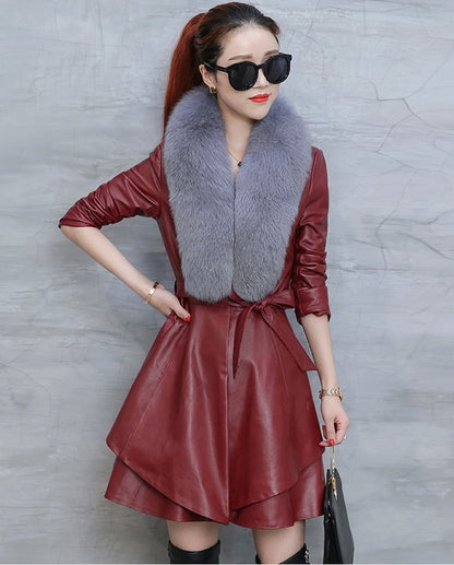 6-color Leather Imitation Fox Fur Collar Women's Mid-length Coat