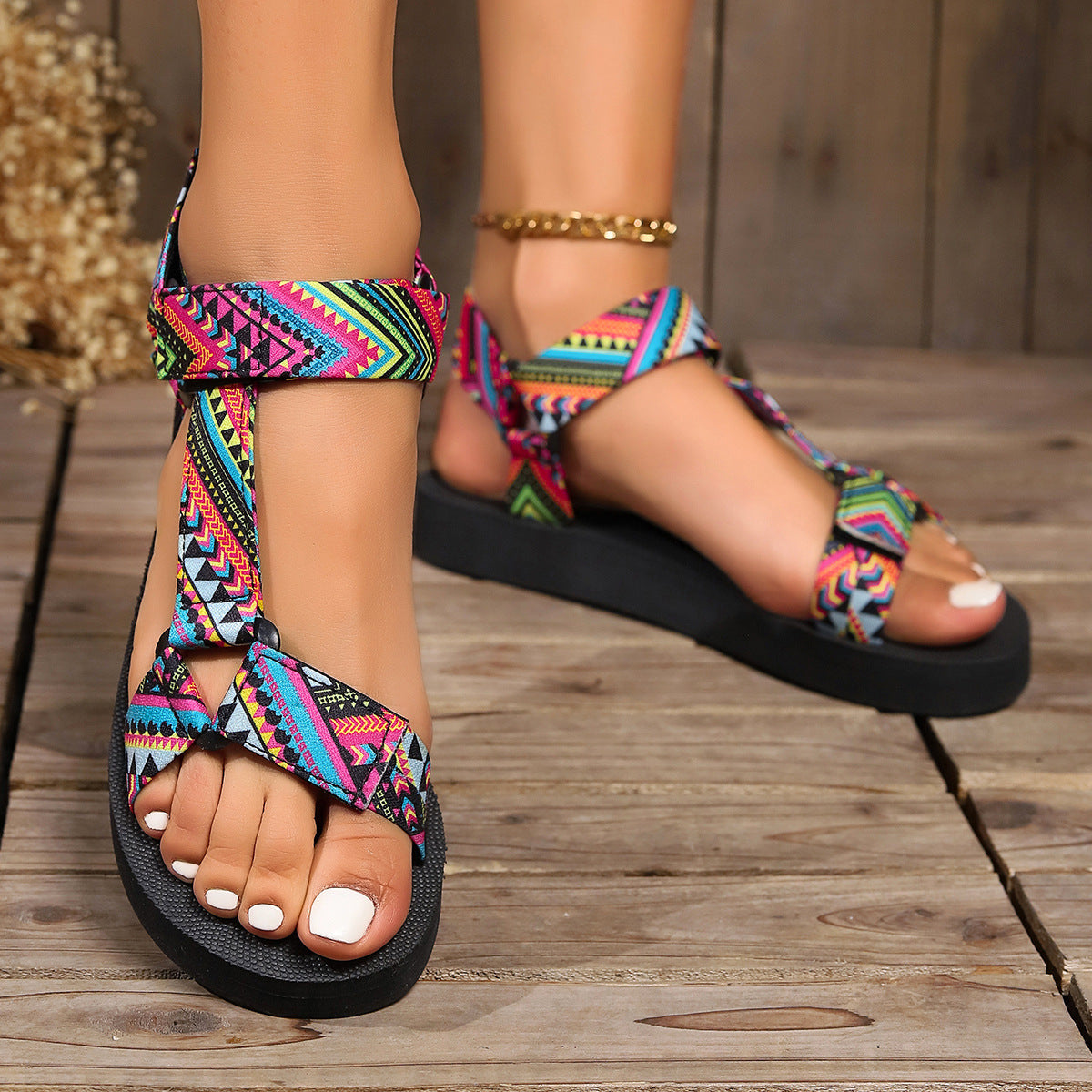 Printed Velcro-design Sandals Summer Ethnic Style Thick Flat Sandals Women's Fashion Casual Beach Shoes