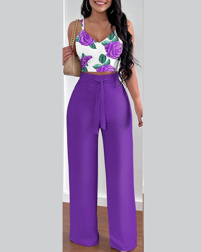 Fashion Print Top Suspenders Trousers Set