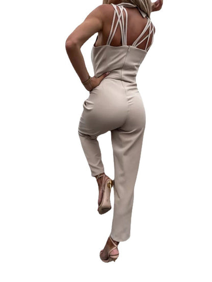 Women's Summer Solid Color Slim Fit Backless Fashion Jumpsuit