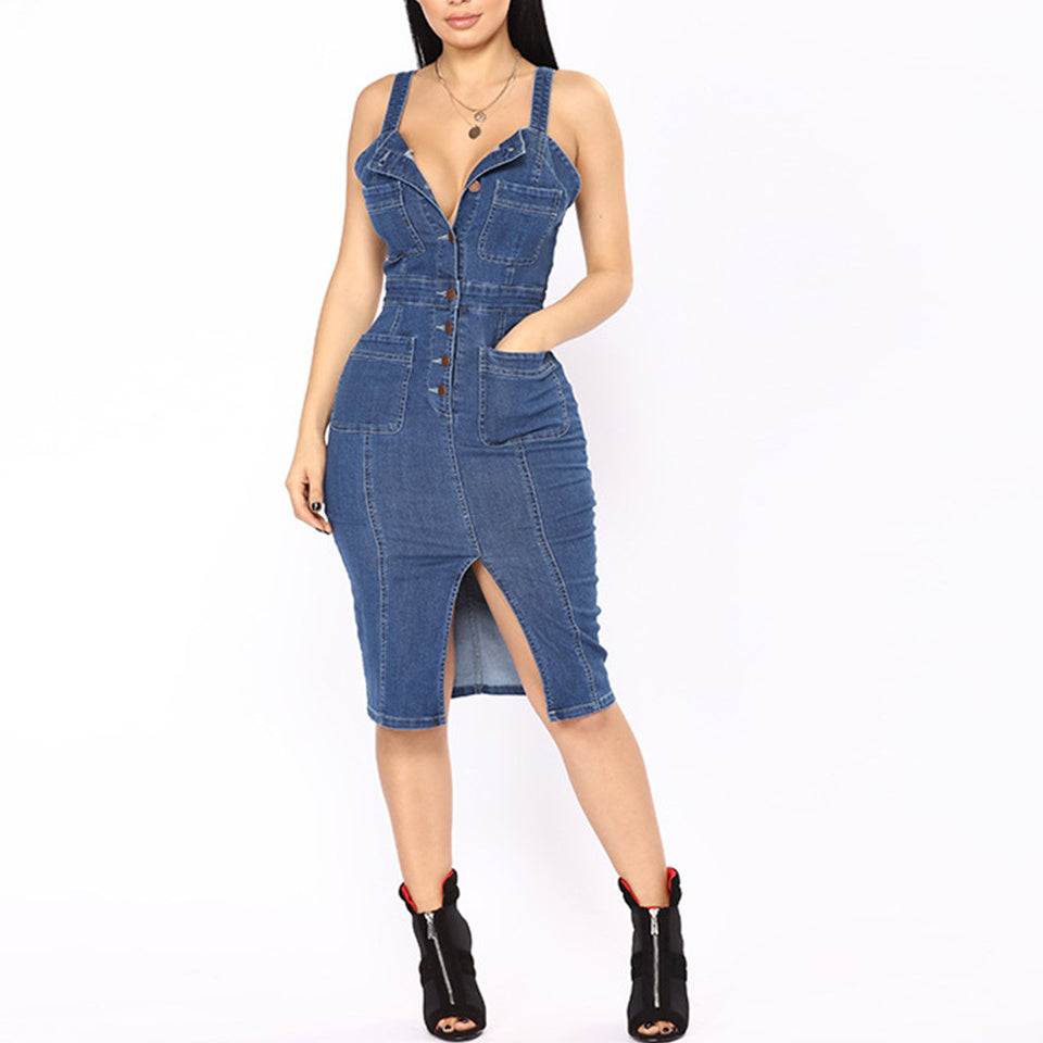 Denim dress with sling tights and hip wash