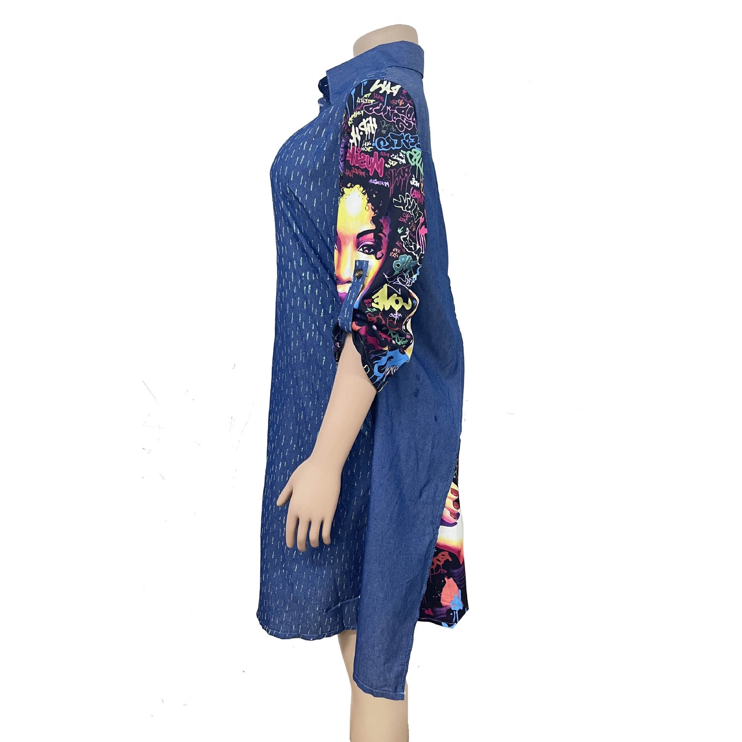 Patchwork Portrait Print Denim Dress