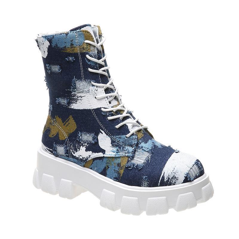 Doc Martens Women's Platform Washed Camo Mid-tube Lace-up Ankle Boots