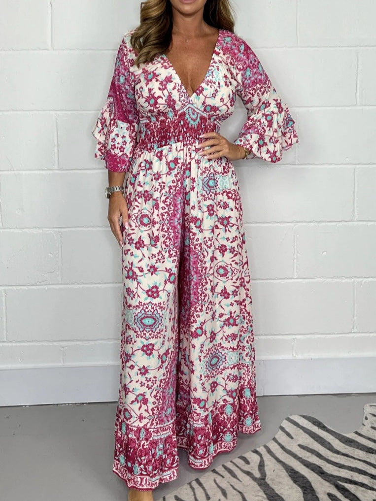 V-neck Printed Jumpsuit Plus Size Casual Jumpsuit