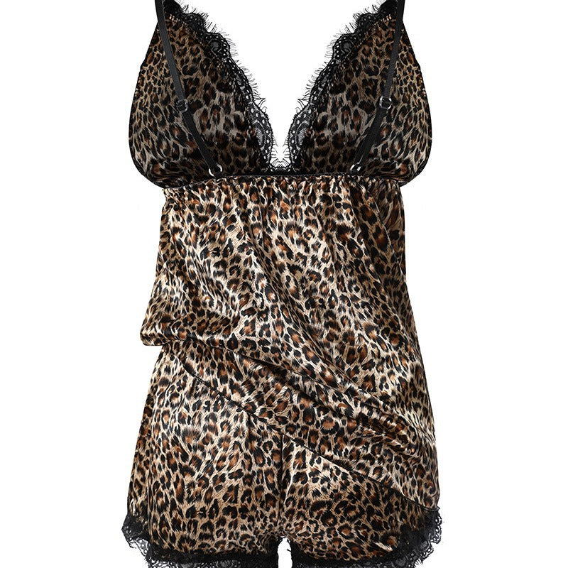 Women's Silk Lace Leopard Print Suspender Shorts Suit