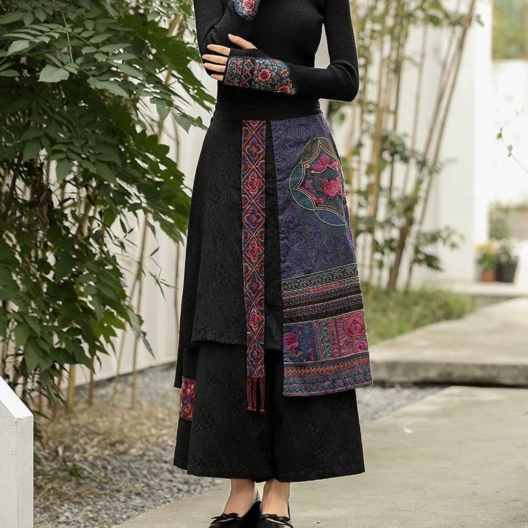 Ladies' National Style Embroidered Wide-leg Pants Tassel Skirt