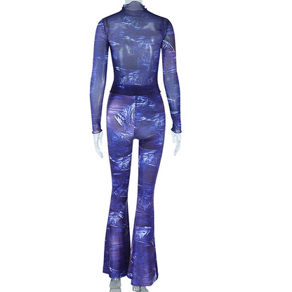 Printed Long-sleeved Top Sheer Mesh Trousers Bell-bottom Pants Suit