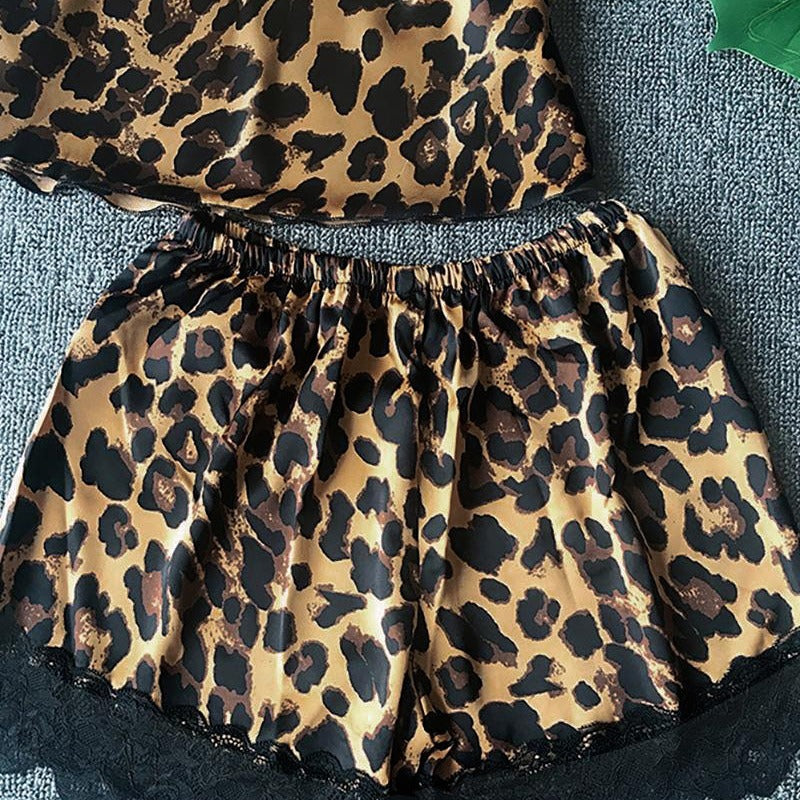 Women's Silk Lace Leopard Print Suspender Shorts Suit