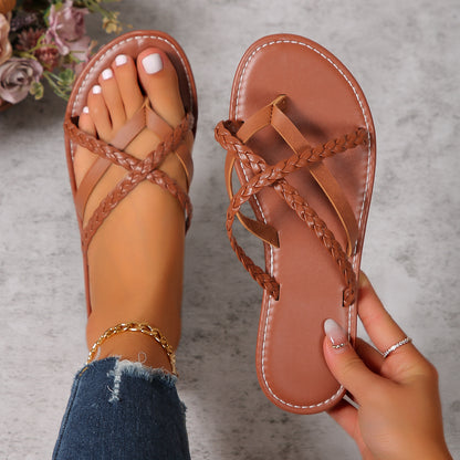 Cross-woven Design Thong Sandals Summer Flat Shoes Women Flip Flops Slides Casual Vacation Beach Slippers