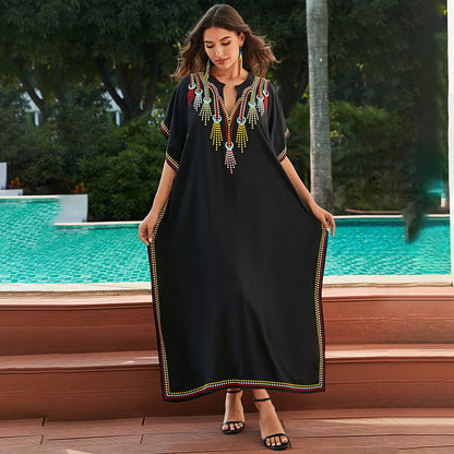 Women's Cotton Beach Cover-up Robe Style Loose Embroidery Vacation Dress