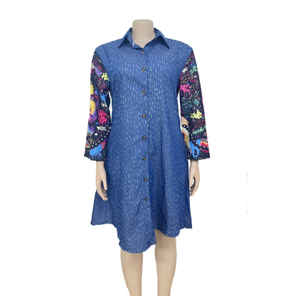 Patchwork Portrait Print Denim Dress