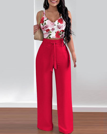 Fashion Print Top Suspenders Trousers Set