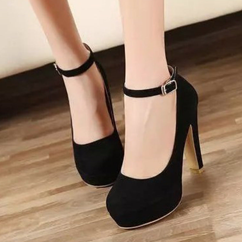 Chunky Heel Pumps Womens Black High Heels With Solid Color Buckle