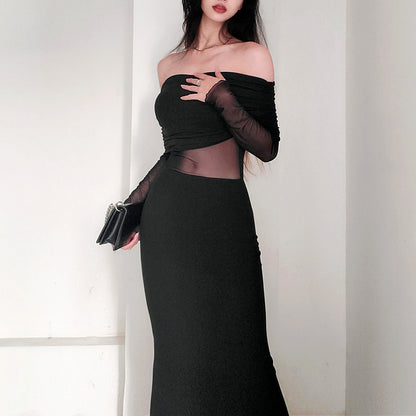 Women's Winter Sexy Off-the-shoulder Pleated Long Sleeve Polyester Dress