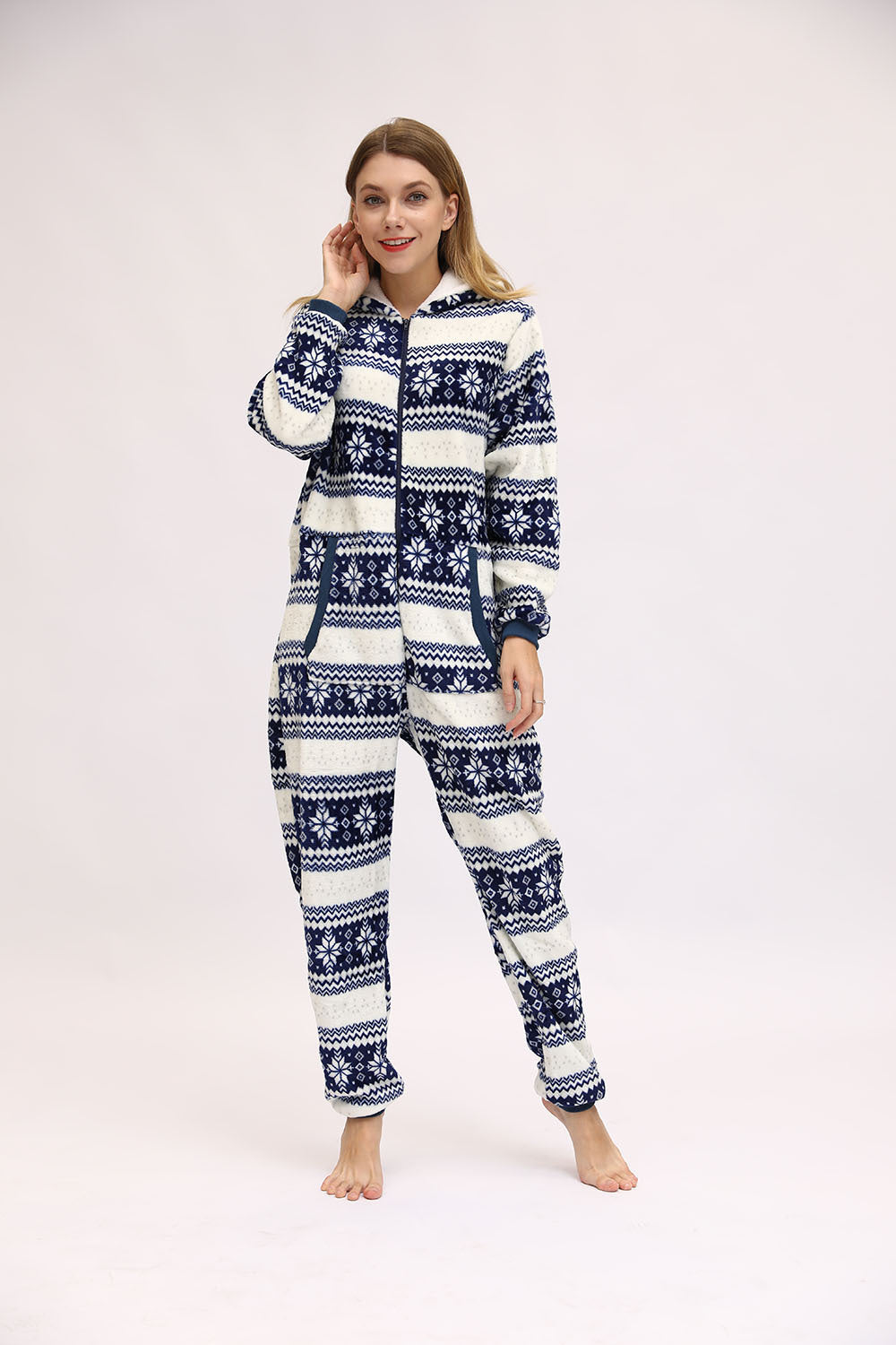 European And American Ladies Christmas Day Fawn Snowflake Flannel One-Piece Pajamas Home Wear