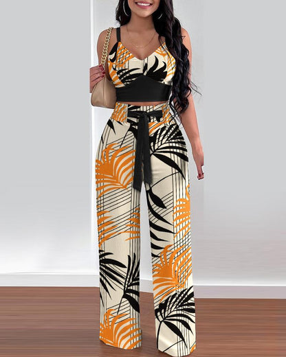 Fashion Print Top Suspenders Trousers Set