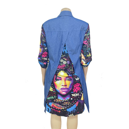 Patchwork Portrait Print Denim Dress