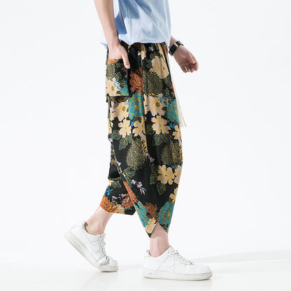 Ethnic Style Floral Lantern Cropped Pants For Men