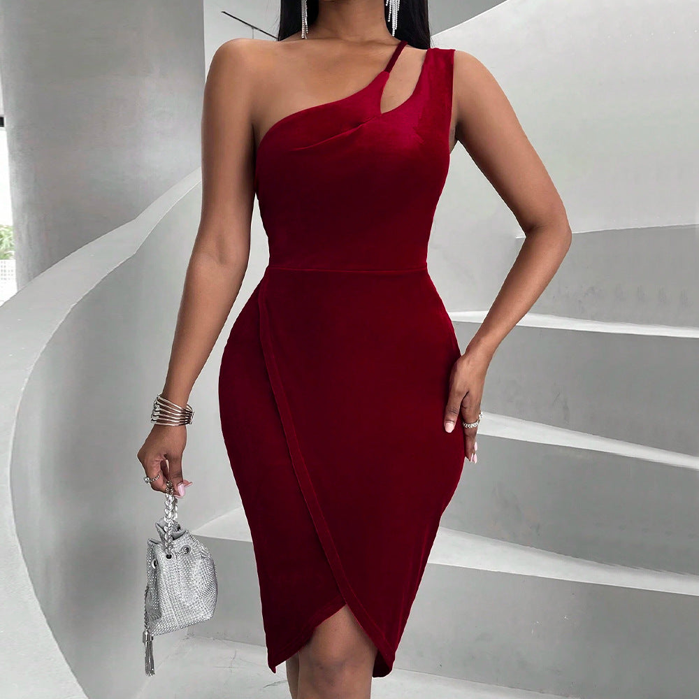 Women's Fashion Personalized Velvet One-shoulder Dress