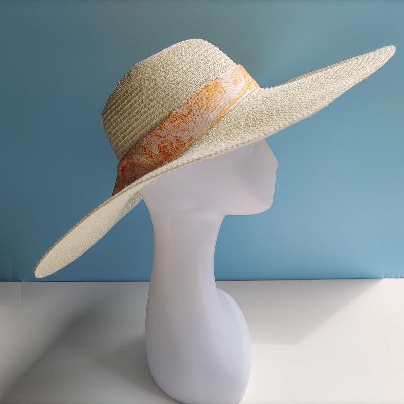 Brim Full Cover Face Hat Non-printed Beach Vacation High Sense Ribbon Decoration