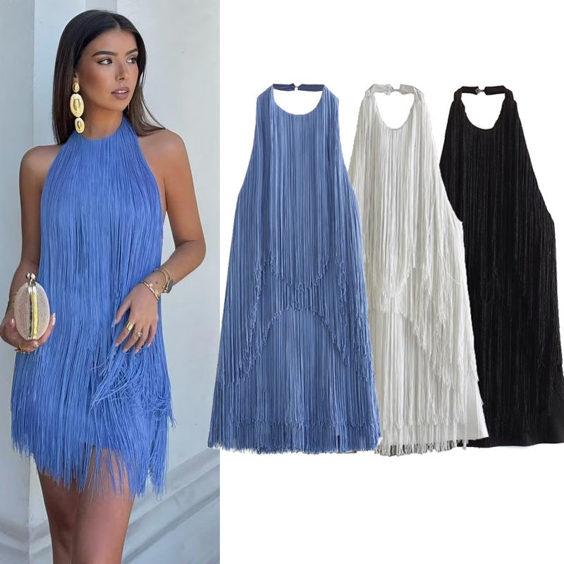 Graceful And Fashionable Halter Sleeveless Tassel Skirt Dress